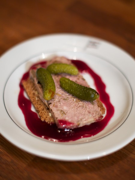 Pigeon paté with pickles and cumberland sauce