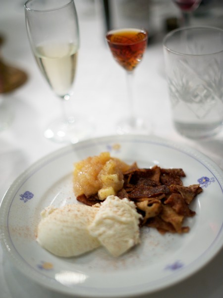 Caramelized pancakes with apple & cinnamon compote and vanilla ice cream