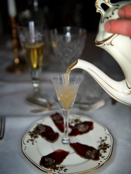 Whisky cured venison with marrowbone consommé (entrée)