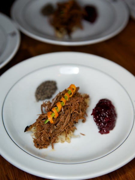 Smoked and pulled wild boar with sourdough bread, crème de champignon and lingon-cranberry-chili chutney (main)